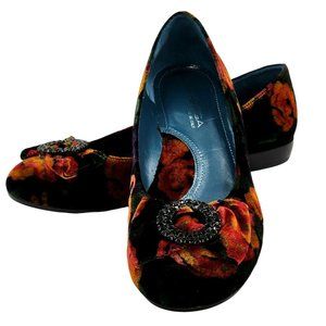 Via Spiga Ballet Flats Velvet Floral Bow Black Rhinestone Buckle Slip On 7.5